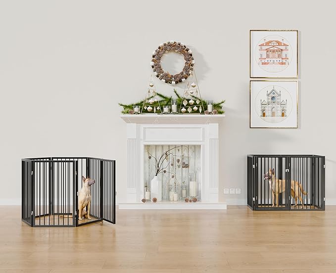 Vantas Folding No-Assembly Metal Pet Gate 120" Wide, 24" Extra Tall Dog Gate with Door Walk Through, Freestanding Accordion Puppy Gate Dog Door for Indoor & Outdoor, with 2PCS Support - Black