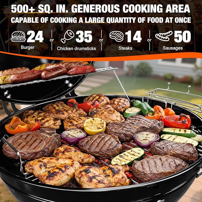 22 inch Premium Charcoal Grill, Kettle Barbecue and Smoker Grills 500+ Sq. In. Cooking Area for Outdoor BBQ, Tailgating and Patio, Black