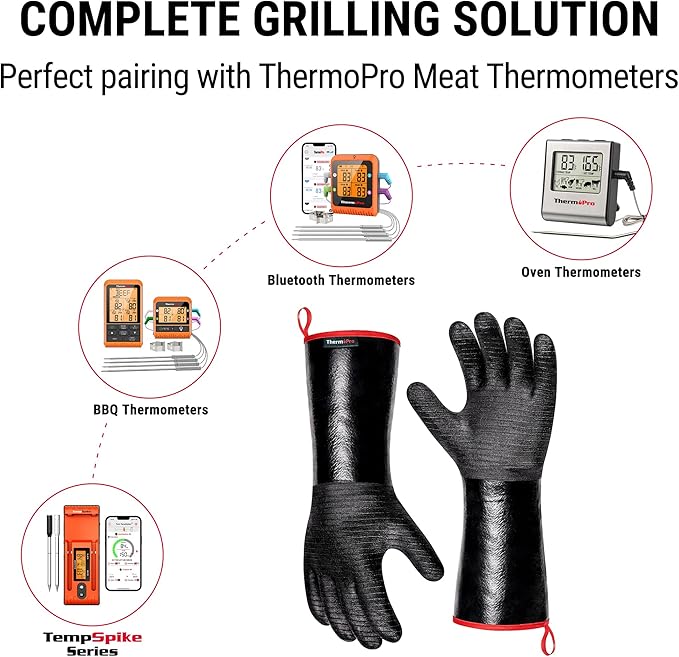 ThermoPro 932°F Heat Resistant BBQ Gloves, 14" Waterproof Oven & Grill Gloves, Oil & Slip-Resistant Neoprene Oven Mitts for BBQ, Fire Pit, Rotisserie, Smoker Accessories Gifts for Men and Women