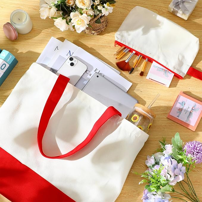 Sanwuta 24 Pcs Canvas Tote Bags Bulk with Zipper Cosmetic Bags 18.5" Cotton Canvas Bag with Handles Reusable Shopping Bags