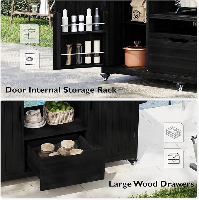 Merax 66.5" Outdoor Grill Table for Big Green Egg, Farmhouse Kitchen Island on Wheels with Stainless Steel Tabletop, Drawer and Spice Rack, Solid Wood Outdoor Storage Cabinet for Backyard, Black