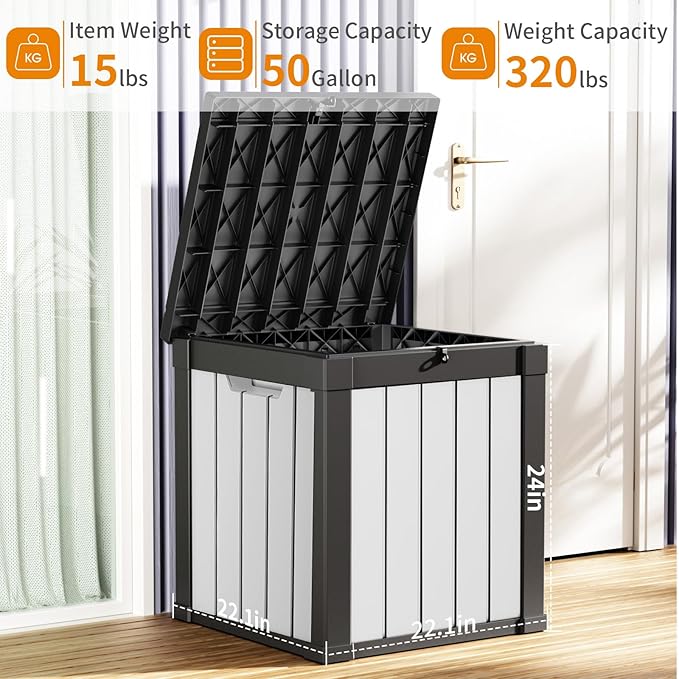 EasyUp 50 Gallon Outdoor Storage Box, Resin Waterproof UV-Resistant Deck Box, Reinforced Stability for Patio, Garden, and Poolside, Striped Black & White