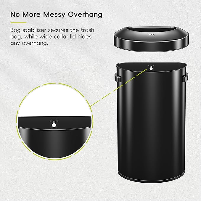 EKO Urban 16 Gallon Semi-Round Open Top Waste Bin, Stainless Steel Half Round Commercial Trash Can for Indoor and Outdoor, Extra Large Garbage Bin for Home, Office, Restaurant, 60L, Matte Black