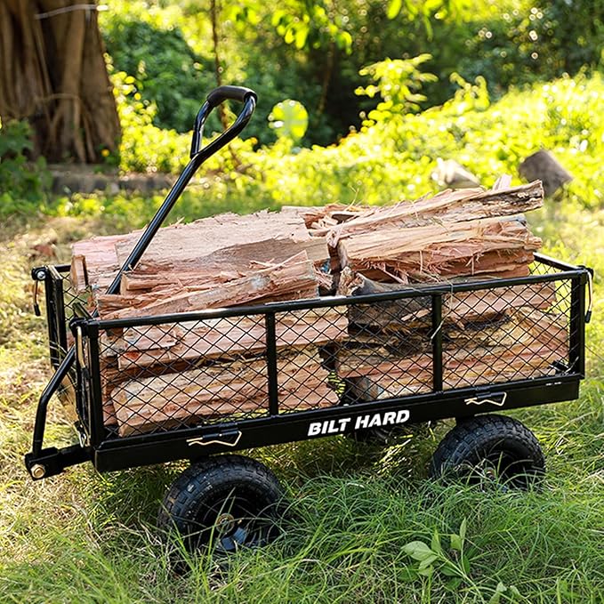 BILT HARD 880 lbs 10" Tires Steel Garden Cart with 180° Rotating Handle and Removable Sides, Heavy Duty 4 Cu.Ft Capacity Utility Garden Carts and Wagons, Black