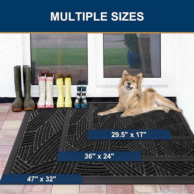 Smiry Front Door Mat Outside Entrance, Heavy Duty Sturdy Natural Rubber Doormat, Trap Dirt and Moisture, Easy Clean Low Profile Mats for Indoor Outdoor Entry, Interwoven Stripes (29.5x17, Black)