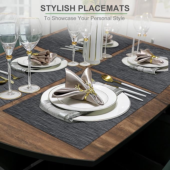 BETEAM Placemats Set of 6, Woven Vinyl Placemat for Dining Table Washable Wipeable Kitchen Place Mats Durable Indoor Outdoor Table Mats
