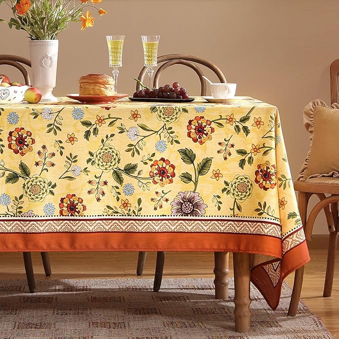 Vintage Linen Small Tablecloth for Rectangle Table,Yellow Floral French Wrinkle Free Tablecloths,Decorative Table Cover for Kitchen,Dining,Thanksgiving,Farmhouse,55" × 71"-Bellano