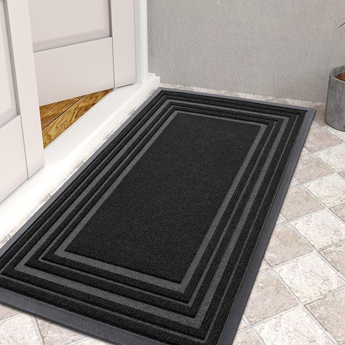 Buganda Front Door Mat Indoor Outdoor Entrance, Non-Slip Natural Rubber Doormats, Easy Clean, Low Profile, Dirt Trapper Entryway Floor Mats for Outside, Garages and Patios, 47x24, Black