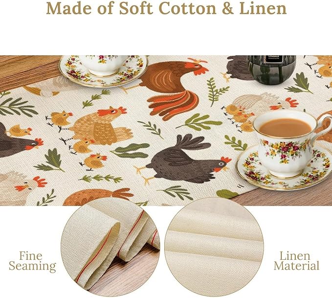 Cute Roosters Chickens Table Runners, Rustic Farm Animals Hen Table Runner for Farmhouse Wedding Coffee Dining Table Party Home 13x90in