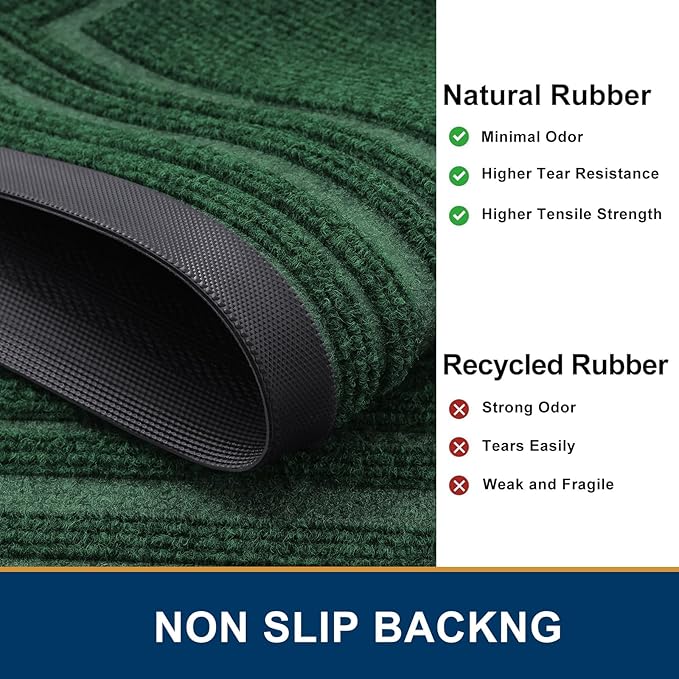 Buganda Front Door Mat Indoor Outdoor Entrance, Non-Slip Natural Rubber Doormats, Easy Clean, Low Profile, Dirt Trapper Entryway Floor Mats for Outside, Garages and Patios, 36x24, Green