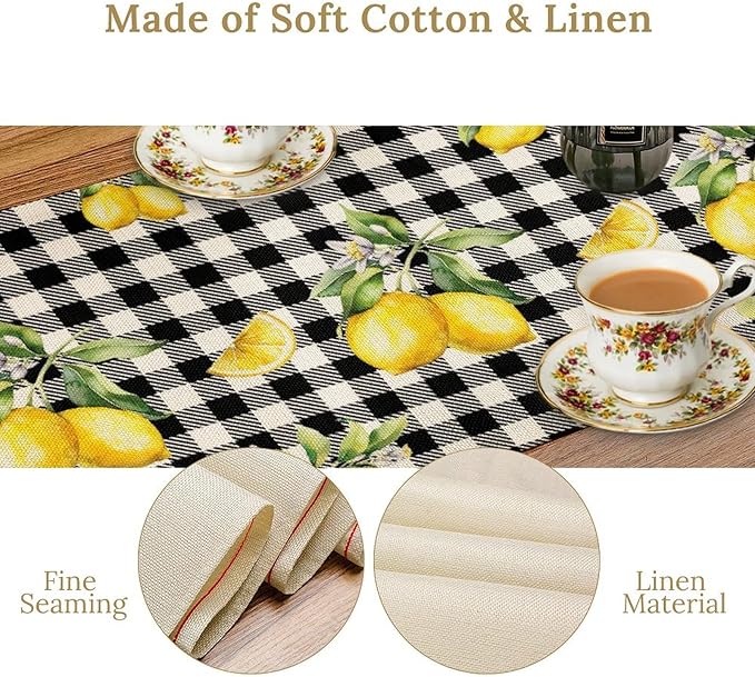 Fresh Lemon Table Runner, Yellow Lemon Black White Buffalo Check Plaid Table Runner for Farmhouse Coffee Home Kitchen Dining 13x90in