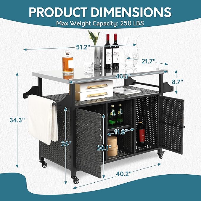 Outdoor Wicker Grill Cart with Storage Cabinet, Outdoor Moveable Bar with Rolling Wheels, Patio Prep Table with Wicker Cabinet, Kitchen Buffet Cabinet with Island, Grey