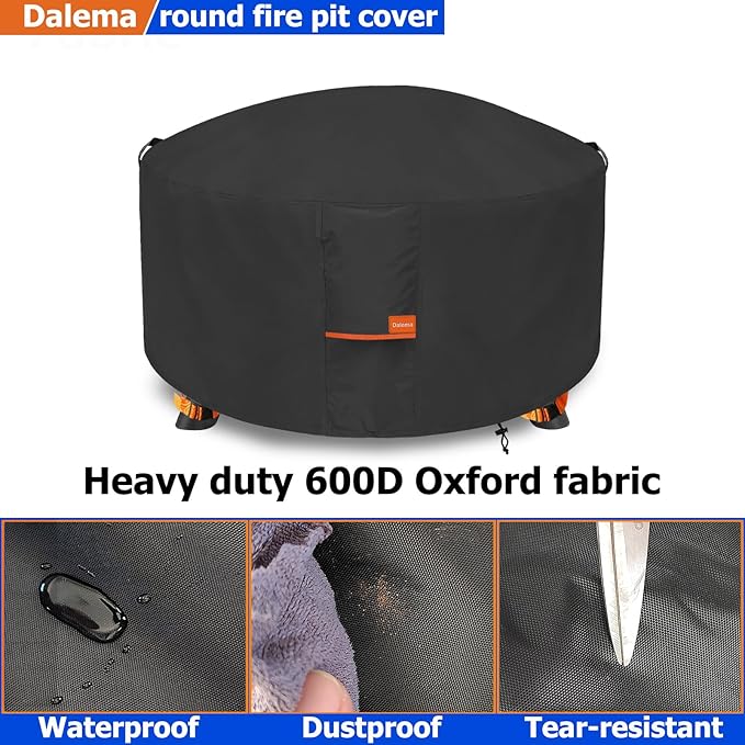 Fire Pit Cover,Outdoor Heavy Duty 600D 100% Waterproof Fire Pit Cover Round,Weatherproof Firepit Covers Round 48" Dia x 24" H,Black