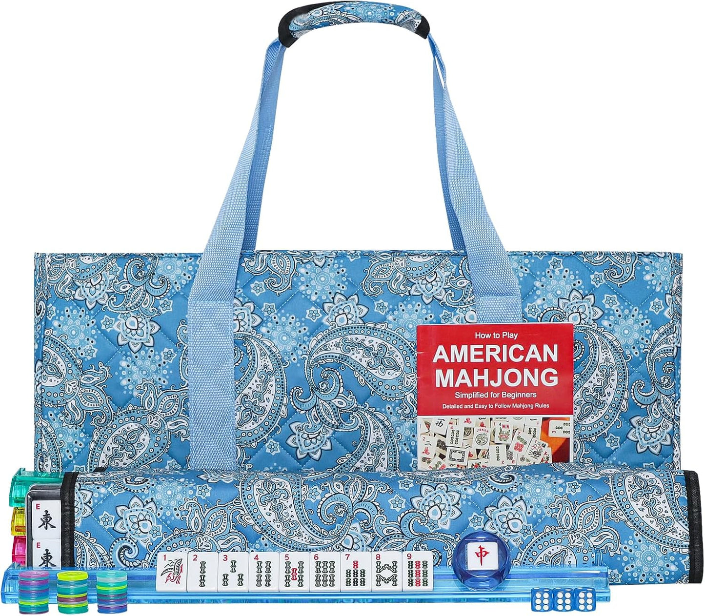 American Mahjong Game Set, 166 Quality White Tiles, 4 All-in-One Color Rack/Pushers, Mahjong Tile Set with Light Blue Printed Carrying Bag