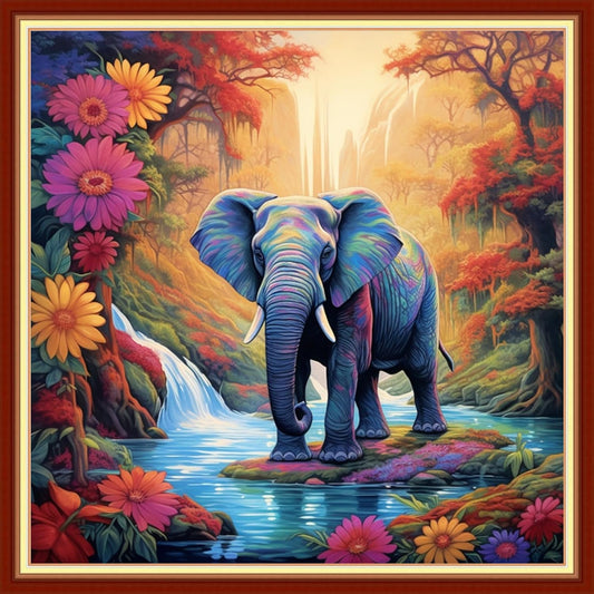 Dimxvean Cross Stitch Kit, Elephant Flowers 18x18 inch, 11CT, Multicolor, All Ages, Unisex, Modern, HD Preprint, Extra Lines Provided