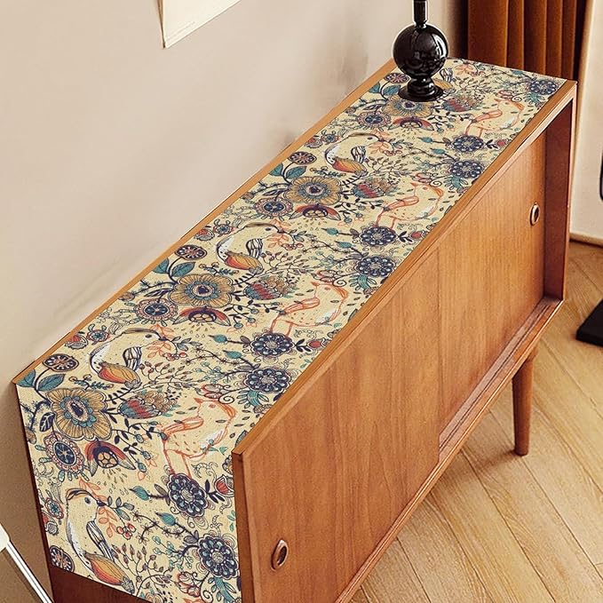 Beige Paisley Table Runner, Rustic Damask Antique Floral Flower Retro Boho Swirled Pattern Print Vintage Table Center Decor for Family Kitchen and Living Room Indoor Table Decorations, 13" X 108"