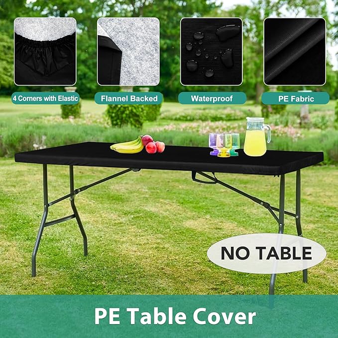 LUSHVIDA Fitted Rectangle Tablecloths, 6 Packs Elastic Vinyl Table Cloth with Flannel Backing for 6ft Folding Tables, Waterproof Table Covers for Indoor Outdoor Picnic and Camping, 30x72 inch, Black