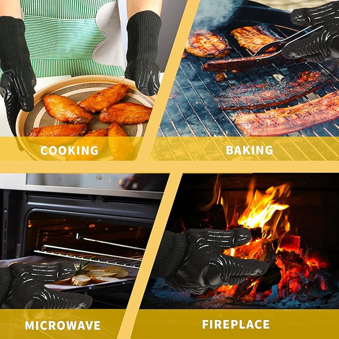 BBQ Gloves, 1472°F Heat Resistant Gloves Fireproof Mitts, Grilling Gloves Silicone Non-Slip Washable Oven Glove, Kitchen Glove for Barbecue, Grilling, Cooking, Baking, Camping, Smoker (Black)