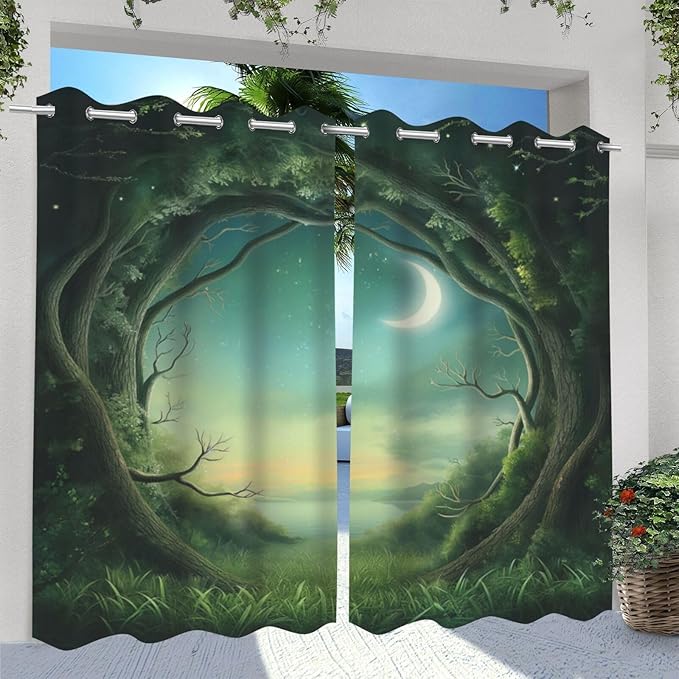 Forest Theme Waterproof Outdoor Curtains for Patio,Trees Moon Lake Pattern,UV and Fade Resistant Outside Curtains for Gazebo, Front Porch, Pergola,2 Panels,36 x 84 inch,Green