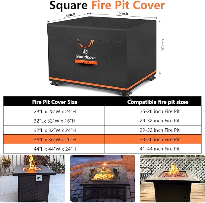 [Upgraded 1000D Heavy Duty Fabric] 36” Fire Pit Cover Square for 33”- 36” Fire Pit/Table, Waterproof Tear & Fade Resistant Firepit Cover with Buckle, Air Vents, Drawstring (36”L x 36”W x 20”H, Black)