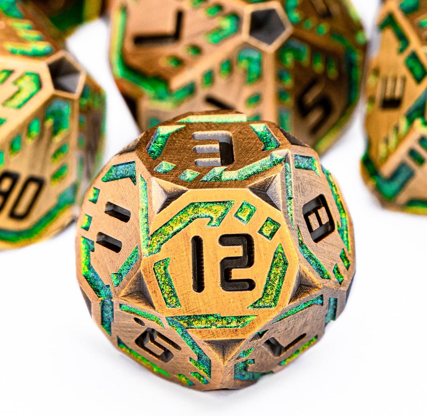 Metal DND Sci-fi Dice Set 7PCS Stripe Polyhedral Dice for Dungeons Dragons RPG Role Playing Game, Glitter D and D Dice with Gift Box D6 D8 D10 D12 D20 (Yellow Green)