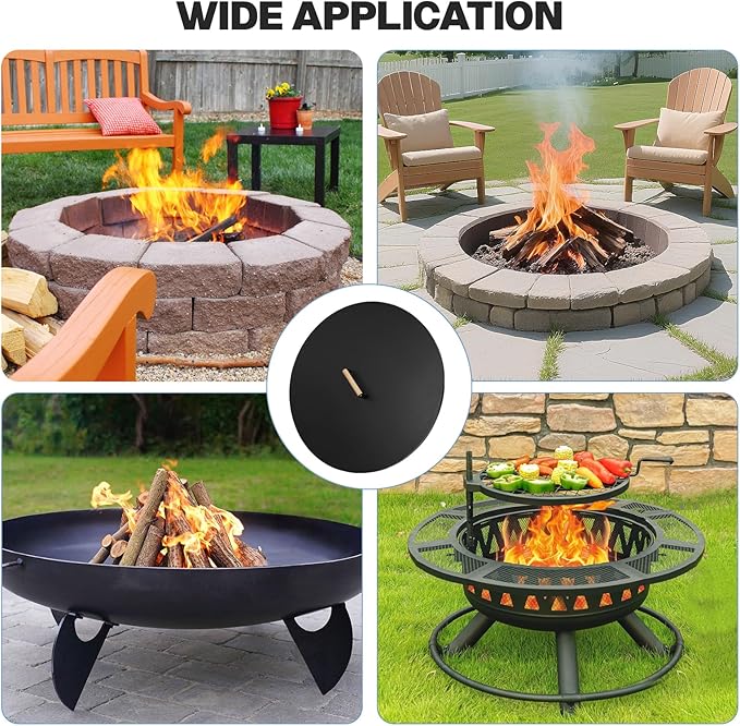 Fire Pit Lid Round 30", Heat Resistant Metal Firepit Cover with A Wooden Handle for Round Patio Fire Pit, Compatible for Firepits Inside Dia Up to 28"