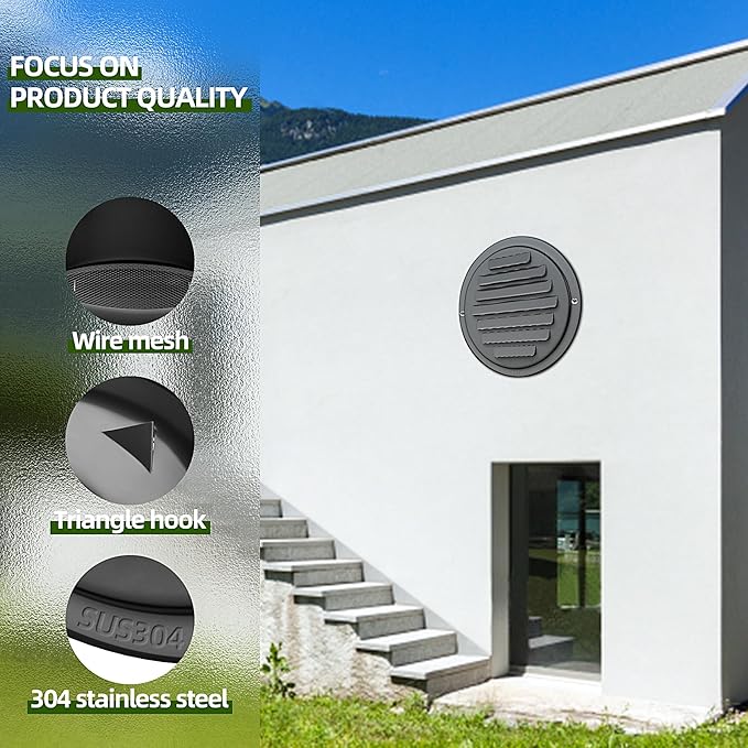 6inch 304 Stainless Steel Air Vents, Louvered Grille Cover Vent Hood Flat Ducting Ventilation Air Vent Wall Air Outlet with Fly Screen Mesh for House (6 inch Black Paint Cover （150mm）)