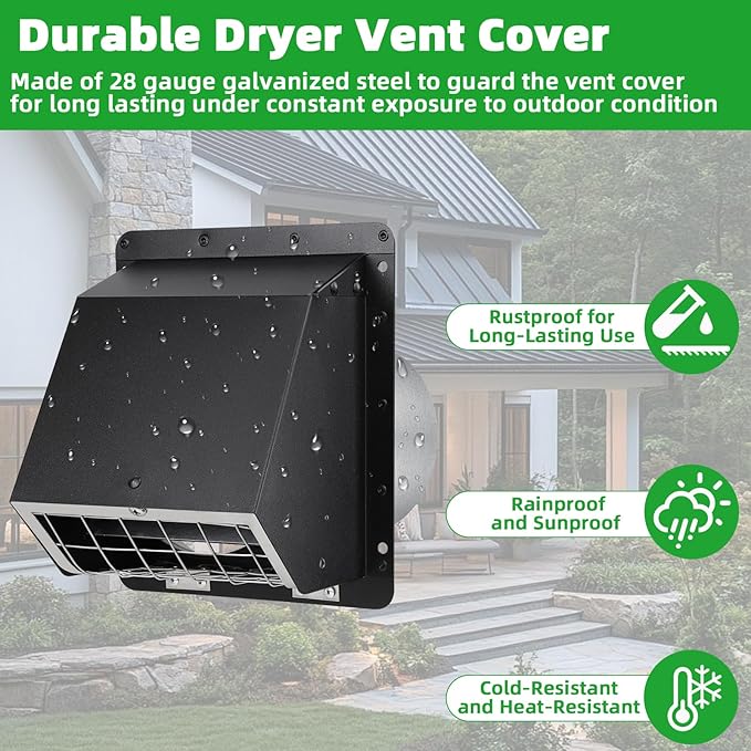 4" Dryer Vent Cover Outdoor,Dryer Vent Cover for Exterior Wall Vent Hood Outlet Air Vent,Dryer Vent Cover Outside,Exterior Dryer Exhaust Vent Cover Cap for House AC,Through Wall Dryer Vent Kit,Black