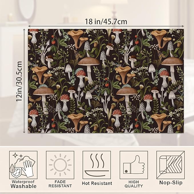 Fantasy Mushroom Forest Placemats Set of 6,Insect Berry Linen Washable Kitchen Dining Table Mats Heat Resistant Place Mats for Home Party Indoor Holiday 12x18 Inch