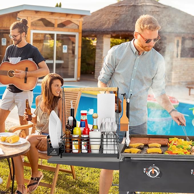 Grill Caddy, BBQ Caddy for Outdoor Grill with Paper Towel Holder, Picnic Condiment Utensil Storage, Camping Essentials, RV, Tailgating Essentials, Grilling Accessories, Gifts for Men
