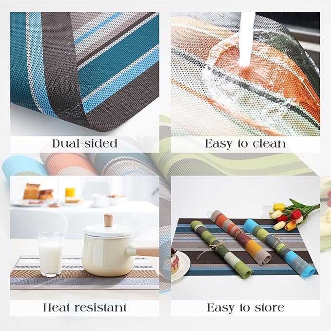 Set of 6 Colorful Striped Vinyl Placemats Heat-Resistant Washable Placemats Non-Slip Woven Table Mats Wipeable Placemat for Kitchen Dining Table Decoration Indoor Outdoor (Violet Purple)