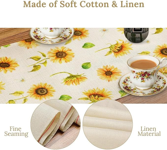 Yellow Sunflower Table Runner, Seasonal Spring Summer Flowers Table Decor for Kitchen Dining Room Coffee Holiday Kitchen Dining 13x60in