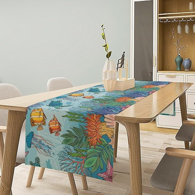 Coastal Table Runner, Ocean Nautical Coral Starfish Seashell Sea Turtle Table Runner for Dining Table Kitchen Party Picnic Home 13x60in