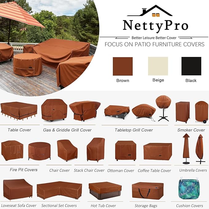 NettyPro Patio Table Cover Rectangular 105 x 75 Inch, 600D Heavy Duty Waterproof Outdoor Furniture Covers for Dining Table and Chair Rectangular, Brown