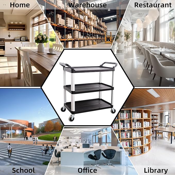 Matthew Plastic Large Utility Carts with Wheels,Heavy Duty 400lbs Capacity Rolling Service Cart,3-Tier Restaurant Food Cart with Hammer for Office,Warehouse,Garage - 2 Handles Black 41"H x 38"W x 20"D