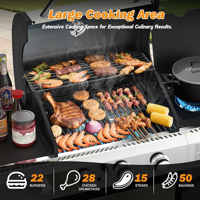 3-Burner Propane Gas BBQ Grill with Side Burner,Stainless Steel Gas Grill with Cast Iron Grates,37000 BTU Barbecue Grill, Suitable for Outdoor Cooking,Camping,Patio Backyard