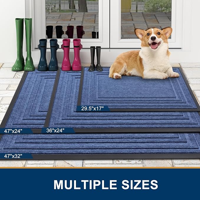 Buganda Front Door Mat Indoor Outdoor Entrance, Non-Slip Natural Rubber Doormats, Easy Clean, Low Profile, Dirt Trapper Entryway Floor Mats for Outside, Garages and Patios, 29.5x17, Blue