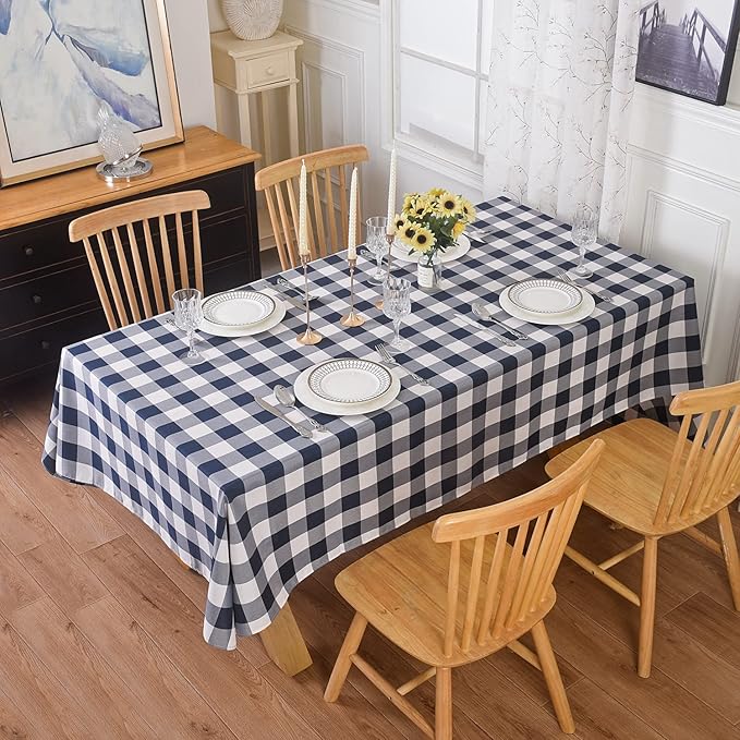 Cupuamon 2 Pack Waterproof Polyester Fabic Rectangle Checkered Tablecloth，60x84 Outdoor Table Cloth，Oil Stain Prevention Table Cloth for Pinics and Parties（Navy and White）