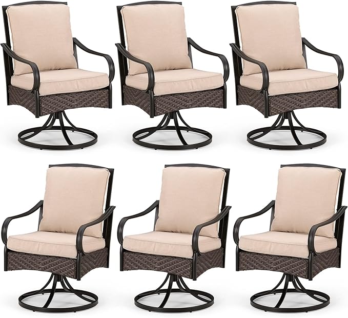 PHI VILLA Patio Swivel Chairs Set of 6, Heavy Duty Outdoor Metal Wicker Dining Chair with Thickened Cushions, Large All Weather Wrought Iron Deck Chair Lawn Furniture Support 300lbs
