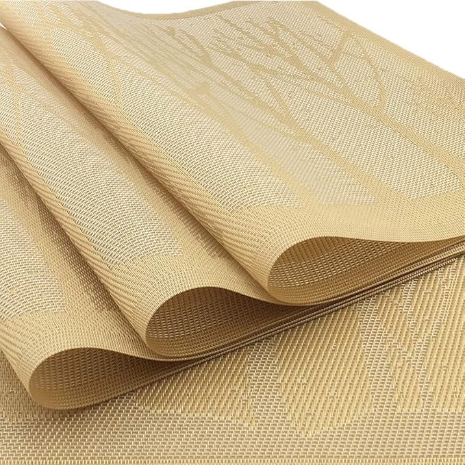 Gugrida Place Mats PVC Set of 6, Table Placemats Set of 6 PVC Washable Woven Vinyl Place Mats Heat Insulation Top Meal Mat Table Mats Natural Color (6 pcs, Gold Tree), 18 x 12 inch