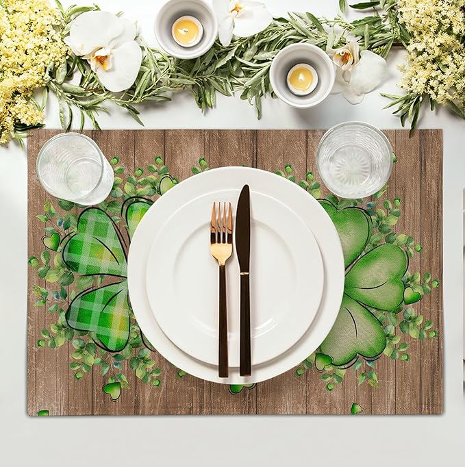 St Patricks Day Eucalyptus Leaves Placemats Set of 4, 12x18 Inch St Patrick Wooden Plank Dining Table Placemats Shamrock Spring Washable Heat Resistance Table Mats for Kitchen Dining Decor