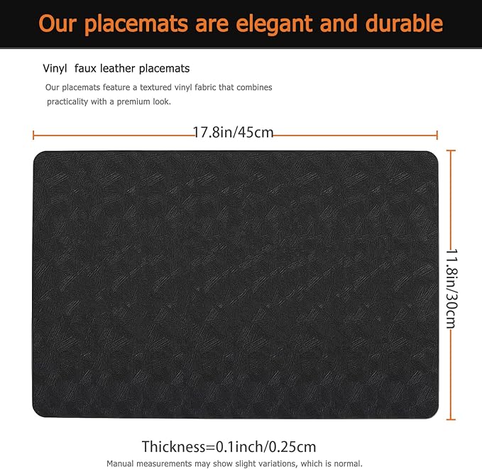 Vinyl Placemats Set of 6 Faux Leather 100% Waterproof Wipeable Washable Place Mats Heat Resistant Easy Clean Non-Slip Table Mats for Indoor Outdoor. (6,Black)