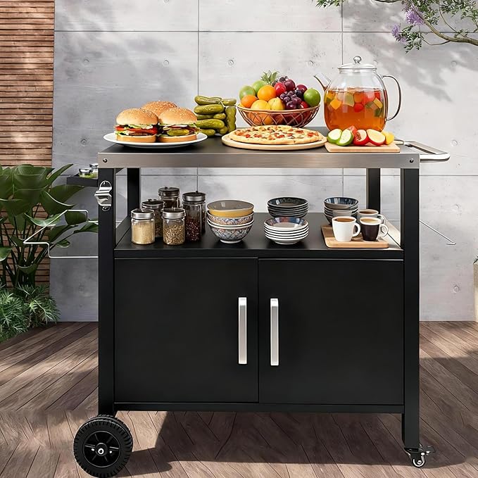 Dining Cart Table with Big Storage Cabinet - Movable Indoor Outdoor Kitchen Island, Multifunctional BBQ Grill Table & Pizza Oven Stand for Food Prep