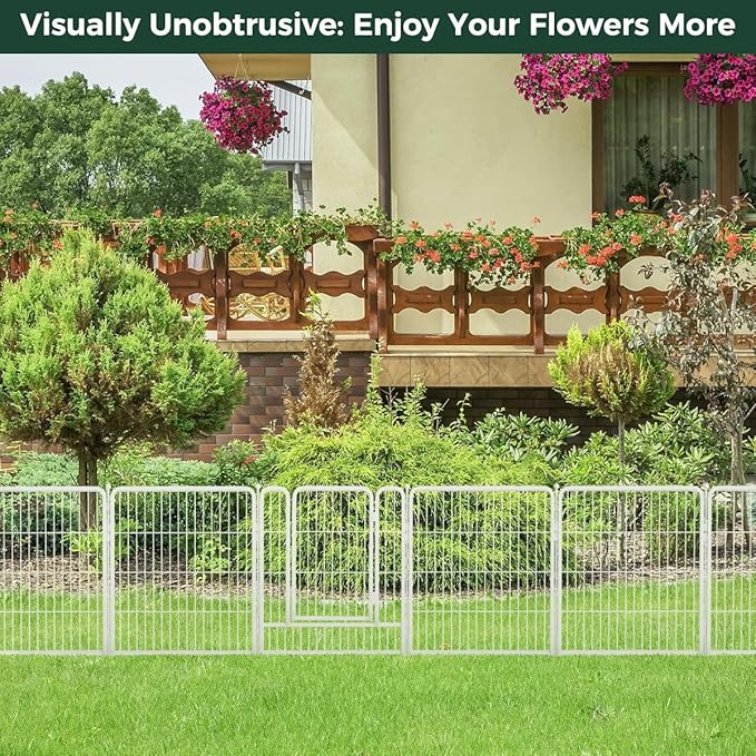 FXW Garden Fence Outdoor for The Yard – 32in(H) x 54.7ft(L) Heavy Duty Metal Animal Barrier for Dog and Rabbit, Decorative Dog Fence, 24 Panels, White