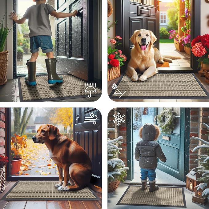 Smiry Front Door Mat Outside Entrance, Heavy Duty Natural Rubber Doormat, Non Slip, Trap Dirt and Moisture, Easy Clean, Low Profile Welcome Floor Mats for Indoor Outdoor Entry, 59x34 Inch, Beige