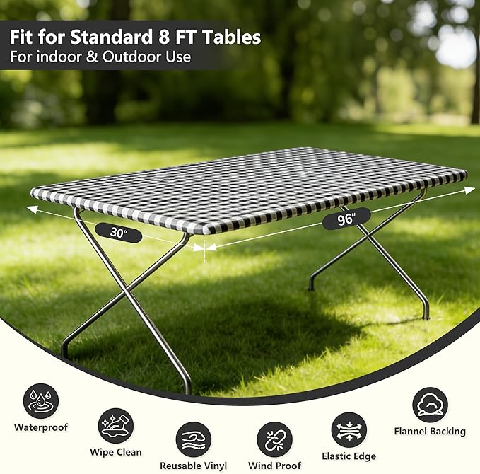 Rectangle Picnic Table Cloth, Elastic Waterproof Fitted Vinyl Tablecloths for 8 Foot Tables, Wipeable Flannel Backed Table Covers for Dining, Camping, Outdoor(Black Plaid,30"x96")
