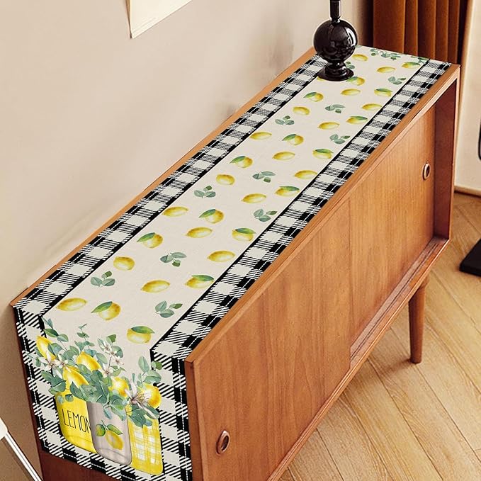 Lemon Table Runner, Farmhouse Black Buffalo Plaid Seasonal Summer Spring Fruits Lemon Coffee Table Center Decor for Home Kitchen Dining Party Patio Indoor Outdoor Table Decorations, 13"x36" Inch