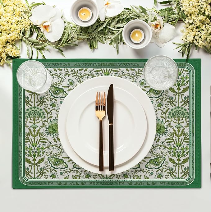 Green Floral Boho Placemats Set of 4, 12x18 Inch Vintage Chinoiserie Block Print Place Mats Seasonal Spring Summer Rustic Farmhouse Table Mats for Party Kitchen Dining Outdoor Indoor Decor