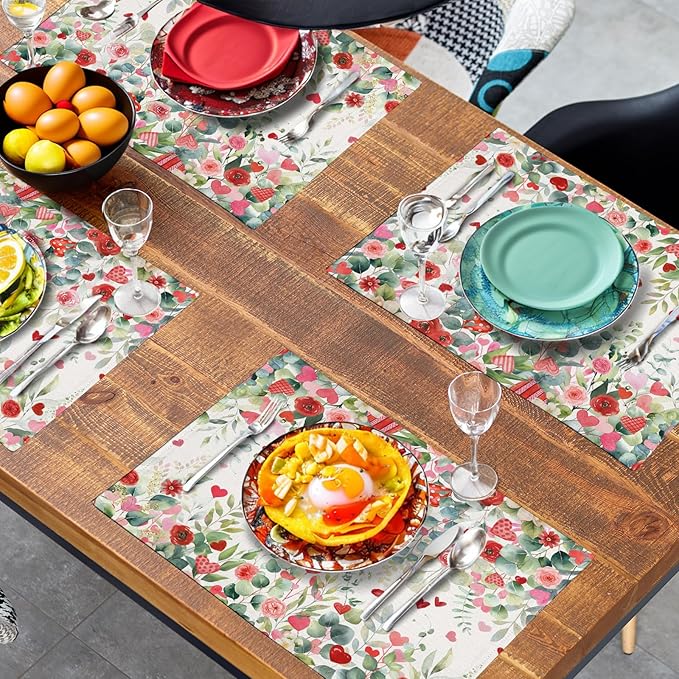 Valentines Eucalyptus Leave Placemats Set of 4, 12x18 Inch Valentine Heart Rose Floral Table Mats Spring Summer Washable Heat Resistance Place Mats for Kitchen Dining Indoor Decor