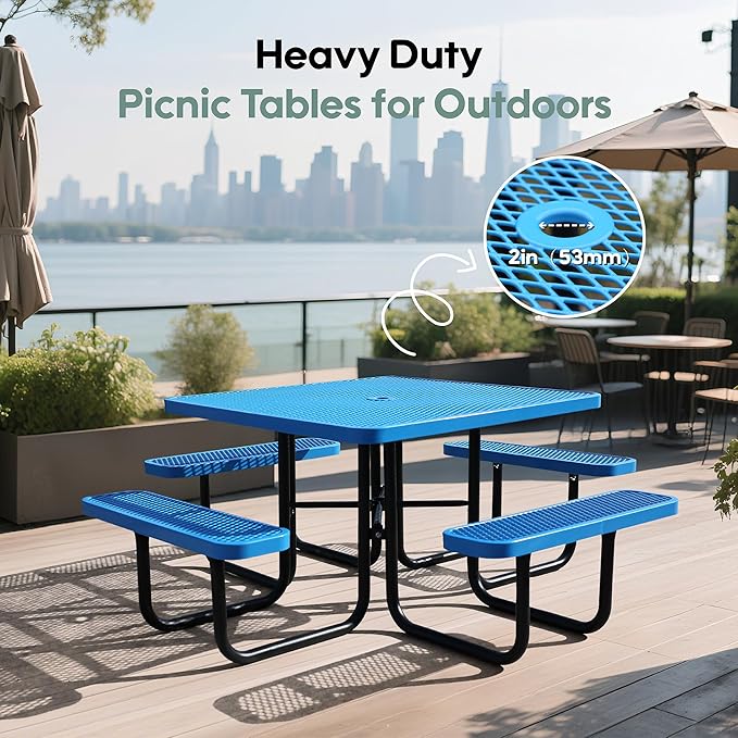 46'' Square Picnic Table for Outdoors, Commercial Steel Metal Picnic Tables, Heavy Duty Sturdy Picnic Tables Furniture Set for Patio Garden Courtyard BBQ, with Umbrella Hole, Blue